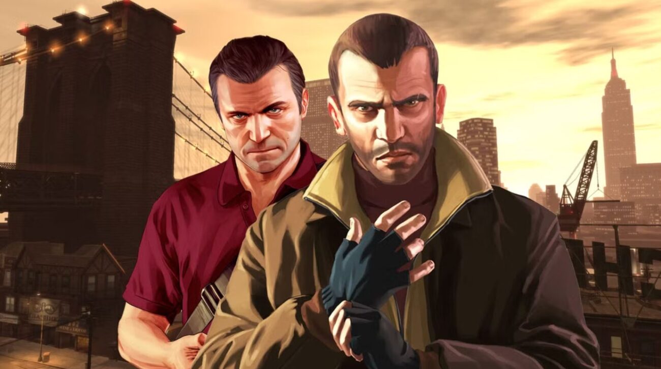 GTA 4 Niko Bellic in Liberty City next to GTA 5 characters